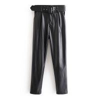 women black faux leather suit pants Female high waist pants With Belt pockets  Elegant office ladies pu leather trousers