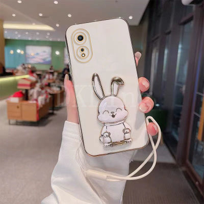 เคสมือจับสำหรับโทรศัพท์มือถือกระต่ายน่ารักสำหรับ OPPO A98 5G เคลือบแฟชั่นซิลิโคนปลอกอ่อน OPPO A98 A78 A77 Oppo A16e A77S A57 A96 A76 A17 A17K A16 A16K ฝาครอบหลัง OPPO A78 5G กับสายคล้องมือ