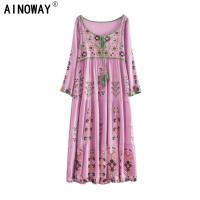 Vintage Chic Women Bohemian Heavy Flowers Embroidered Cotton Loose Dress Robe Ladies V Neck Tassel Boho Maxi Dresses Vestidos