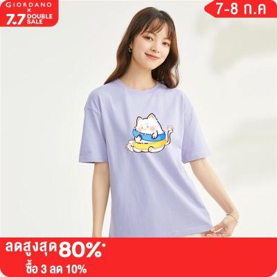 GIORDANO Women Bing Jiao Series T-Shirts Fashion Cat Print Cotton Tee Crewneck Short Sleeve Comfort Casual Tshirts 99393034