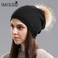 IMISSU Women Winter Hat Wool Knitted Beanies Cap Real Raccoon Fur Pompom Hats Solid Colors Ski Gorros Cap Female Causal Hat