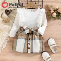 PatPat Toddler 2ชิ้นเด็กวัยหัดเดินสาวแต่งตัวอินเทรนด์เร้าใจยางแขนยาว Tee และปุ่มลายสก๊อตออกแบบชุดกระโปรง