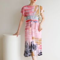 ✙ Aiden001 One Size Summer Pleated Ink Printing Large Size Loose Slim Round Neck Mid-Length Dress 3113