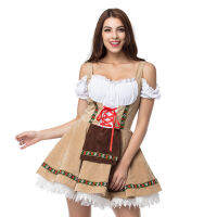 7530#  เครื่องแบบสาวเบียร์ Oktoberfest เยอรมัน   ชุดเดรสเปิดไหล่สีกากี   ชุดแม่บ้านฮาโลวีน