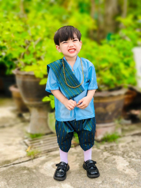 ชุดไทยเด็ก-ชุดไทยเด็กผุ้ชาย-ผ้าทอเกาะยอ-เซท3ชิ้น-เสื้อ-โจง-ผ้าพาดไหล่หรือผูกเอว-ขนาด-3-8-ปี