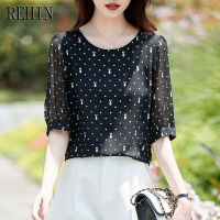 เสื้อแขนสั้นลายจุดสัตว์ REHIN ใหม่ฤดูร้อนเสื้อสตรีชีฟองแขนพองหลวม