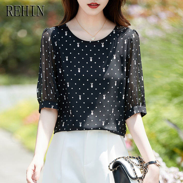 เสื้อแขนสั้นลายจุดสัตว์-rehin-ใหม่ฤดูร้อนเสื้อสตรีชีฟองแขนพองหลวม