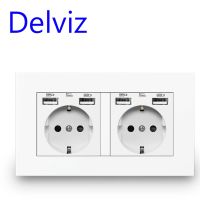 ™✥ Delviz EU Standard USB socket 16A Power OutletPower panel Four usb interface German type socketDouble frame Wall 4 USB Outlet