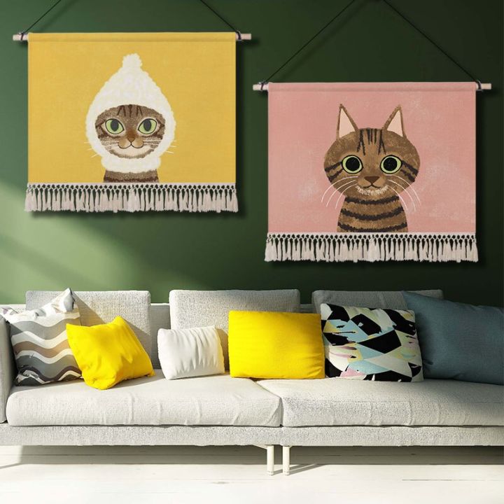 ผ้าปูแต่งพู่ผ้าฝ้ายรูปแมวน่ารักทันสมัยวาดมือภาพประกอบห้องนอนนอร์ดิกข้างเตียงฝ้ายลินินผ้าแขวนผนัง