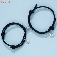 Fresh sky จี้แม่เหล็กรูปดาวพระจันทร์แฟชั่น2ชิ้นสำหรับผู้หญิงสร้อยข้อมือเชือกทำด้วยมือเครื่องประดับมิตรภาพแบบมินิมอล