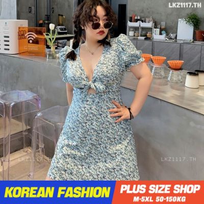 Plus size เสื้อผ้าสาวอวบ❤ เดรสสาวอวบอ้วน ไซส์ใหญ่ ผู้หญิง ชุดเดรสลายดอกไม้ ทรงสลิมฟิต แขนสั้น คอวี ฤดูร้อน สไตล์เกาหลีแฟชั่น V728