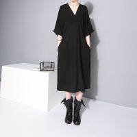 2021New Woman Autumn Black Plus Size Chiffon Dress &amp; Sashes V Neck Half Sleeve Casual Midi Harajuku Chiffon Tunic Robe Femme 1347