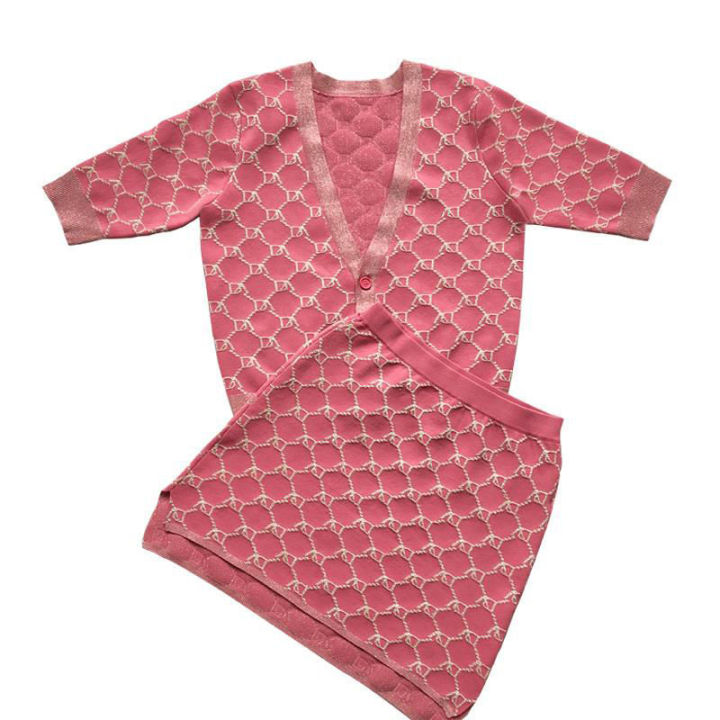 ชุดเสื้อสเวตเตอร์ถัก-กระโปรงสั้นสำหรับผู้หญิง-ชุดลำลองทรงหลวมแบบสองชิ้นฤดูร้อน2022