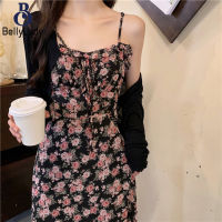 Women Floral Printing Dress Fashion Square Collar Spaghetti Strap A-line Skirt Casual High Waist Pullover Sundress【fast】