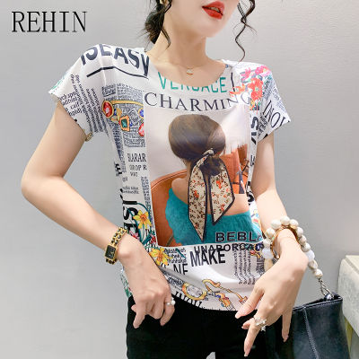 REHIN เสื้อผู้หญิงพิมพ์ลายการ์ตูนไม่เหมือนใครแฟชั่นใหม่,เสื้อยืดแขนสั้น S-3XL ผ้าฝ้ายเสื้อยาวถึงก้นเข้ารูปพอดีฤดูร้อน