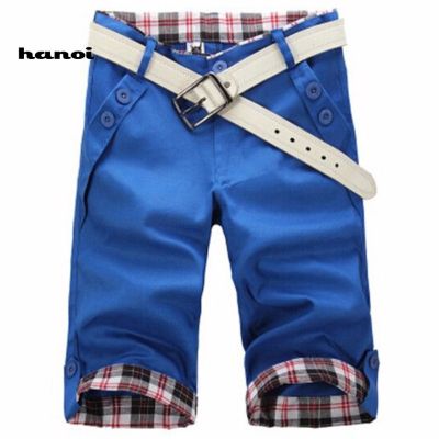 HN♥Summer Beach Casual Men Plaid Patchwork Turn Up Cuff Fifth Pants Trousers