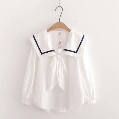 เสื้อยืดผ้าฝ้ายสำหรับผู้หญิง,เสื้อเบลาส์นักเรียนญี่ปุ่น2023น่ารักปก Salior น่ารัก Ovusas Mujer De Moda เข้าได้กับเสื้อสีขาวแฟชั่นเสื้อเชิ้ตสีขาว