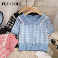 PEAR DODO เสื้อเชิ้ตโปโลลายสก๊อตเกาหลีเสื้อถักนิตติ้งแขนสั้นเสื้อเอวลอยสำหรับผู้หญิง