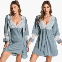 【LZ】❀  Robe de cetim feminino sexy de renda pijamas de duas peças roupão solto de espaguete chemise casual roupas de casa