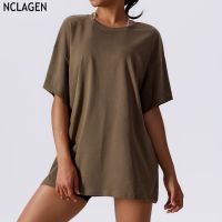 NCLAGEN Long Loose Cotton Yoga T-Shirt Women Short Sleeve Summer Breathable Top Running Sport Gym Workout Training Dry Fit Shirt