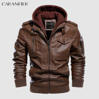 CARANFIER Mens PU Leather Jacket Male Locomotive Fleece Winter Coats Faux Fur Lined Moto Biker Detachable Hoodies Outerwear