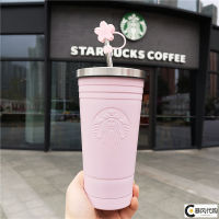 Starbuck ถ้วยน้ำรถสำหรับเด็กพร้อมฝาปิดสำหรับเชอร์รี่สีชมพูมีฝาปิดสำหรับแก้วแบบมีหลอดสแตนเลสสีชมพู