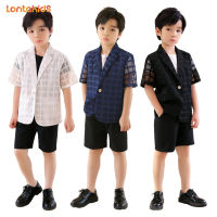 lontakids 2ชิ้น (แจ็คเก็ต + กางเกง)/3ชิ้น (แจ็คเก็ต + กางเกง + เสื้อยืด) เสื้อแขนสั้นลายสก๊อตชุดทางการสำหรับเด็กชายเด็กชุดเสื้อเบลเซอร์ทักซิโด้ชุดเสื้อผ้าเด็กวัยหัดเดินสำหรับ2-14ปี