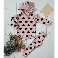 Spring Autumn Toddler Kids Baby Girl Clothes Set Printed Heart Hooded Hoodies Top Ear Pullover + Trousers Pants Clothes 1-5Y