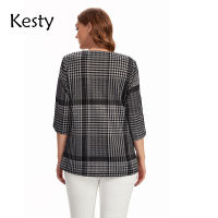 KESTY Womens Plus Size Plaid Shirts Cotton Shirts Buttoned 34 Sleeve Shirts V Neck Womens Casual Tops