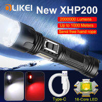 OLIKEI XHP200 16-Core LED+COBไฟฉายแสงไฟฉายแสงจ้า 2000000LM ไฟฉายยุทธวิธีกลางแจ้งที่ทรงพลังไฟฉายตั้งแคมป์แบบชาร์จ Type-C