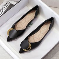 Flats Shoes Women Pointed Toe Soft leather Black Beige Lady Fashion Flats Round buckle Flat Sole Large Size 42 43