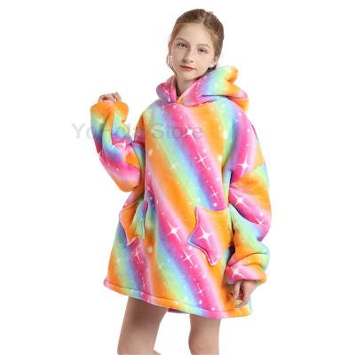 Full Sleeves Winter Bathrobe Fleece Hooded Cartoon Rainbow Unicorn Toddler Girls Pajama Sofa Super Warm Wearable Blanket Hoodie