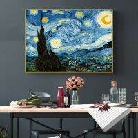 Van Gogh Starry Night การทำสำเนาภาพวาดฝาผนังที่มีชื่อเสียงภูมิทัศน์แบบอิมเพรสชันนิซึมผ้าใบศิลปะติดผนัง0717