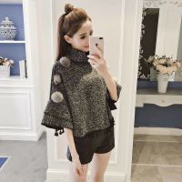 Cape Women Turtleneck Tassel Cloak Smock Pullover  Autumn New Korean Wild Poncho Femme Loose Bat Sleeve Hairball Shawl Tops