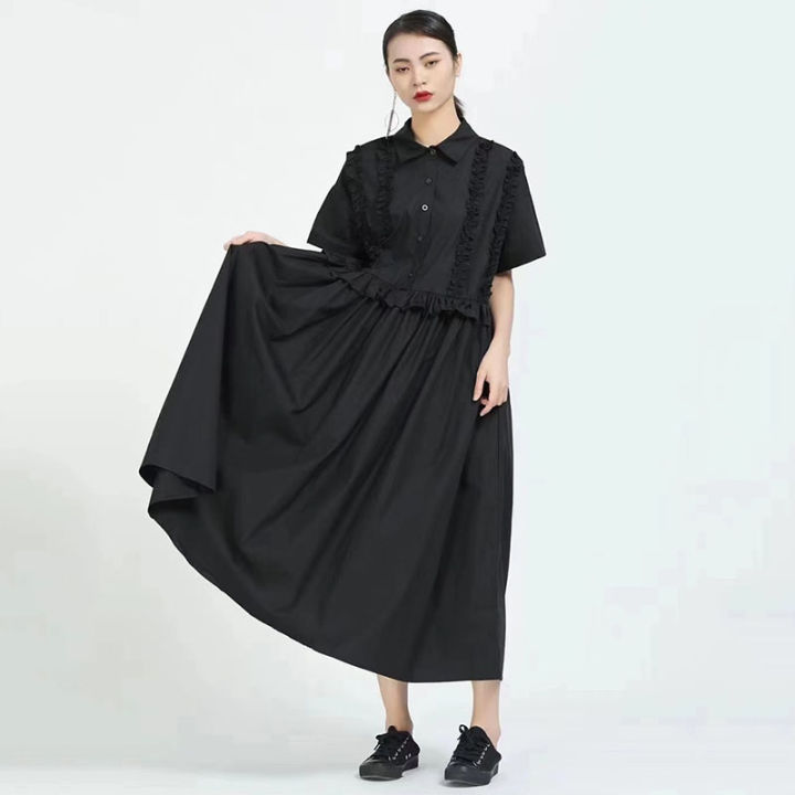 xitao-dress-casual-pleated-short-sleeve-women-shirt-dress