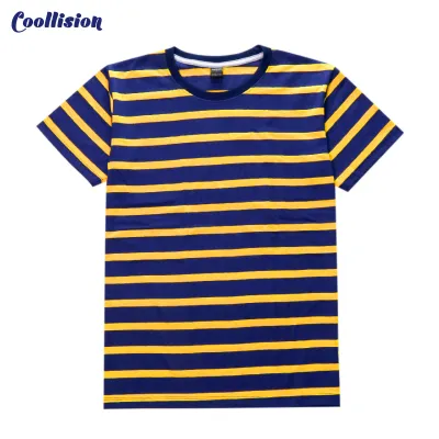 #Coollision-(minibig)-เสื้อลายทาง พื้นสีกรมท่าเเถบสีเหลือง เสื้อยืดลายทางแขนสั้นคอกลม unisex ผ้าไม่ลื่น ฝ้าย สีไม่ตก ไม่ย้วย งานดี ลายแถบ