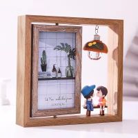 Creative Nordic 6-inch photo frame with double-sided rotating wooden photo frame and cartoon pig photo frame with light