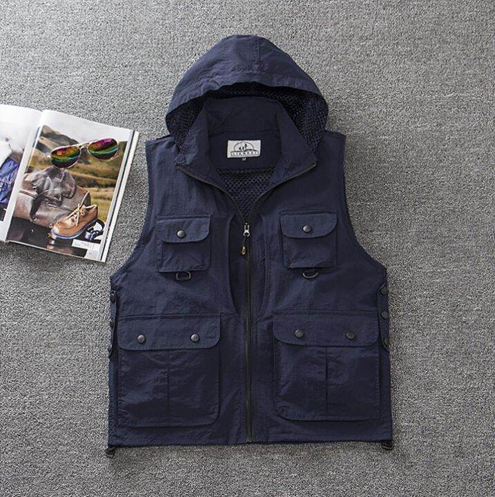 Photographer Men Hooded Vest Waterproof Quick Dry Mesh Vest Men Gilet Sleeveless Jackets with