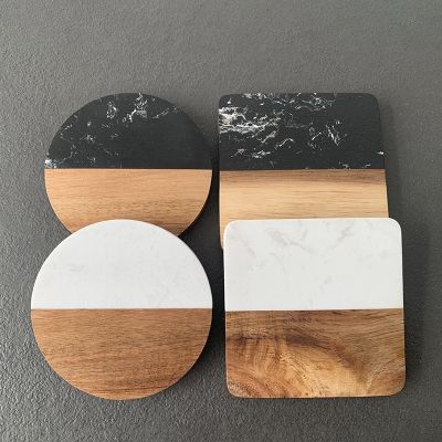 【CC】☎  Marble Coaster Wood Stitching Round Cup Placemat Desktop Decoration Ornament