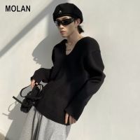 MOLAN เสื้อสวมหัวแขนยาวสำหรับผู้หญิงและผู้ชาย,ใหม่เสื้อสวมหัวทรงตรงสีทึบเสื้อกันหนาวคอวีแฟชั่นของผู้ชาย