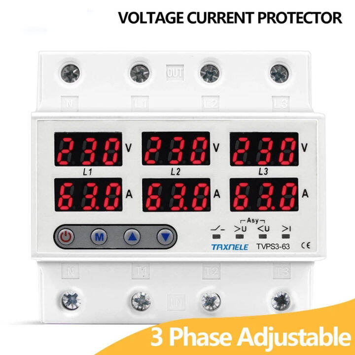 Three phase Voltage Current Relay Protector 63A 220V 3P+N Over Under