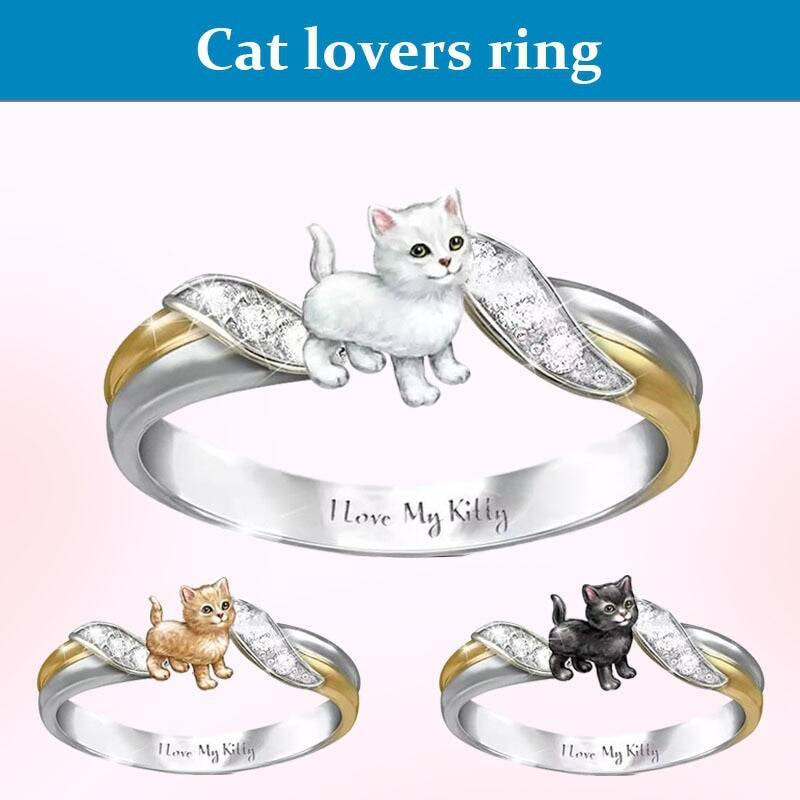 Women Elegant Rose Gold Pink Stone Cat Animal Rings White Crystal Finger Rings 