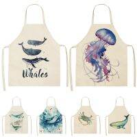 Ocean animal whale Jellyfish Pattern Cleaning Aprons Home Cooking Kitchen Apron Cook Wear Cotton Linen Adult Bibs 53*65cm WQ0175