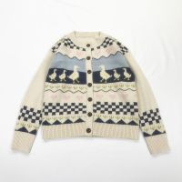 Cottagecore Mori Girl Duck Jacquard Knit Cardigan Sweet Lolita Sweater Coat Women Knitwear Cardigan Jacket Tops Autumn Winter