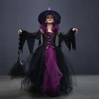 Storybook Witch Costume for Girls Halloween Party Cosplay Fancy Tutu Dress with Hat Broom Evil Queen Ball Gown Disguise Fille