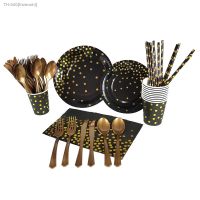 ✲☏ Black Gold Party Disposable Tableware Set Party Paper Cups Plates Straws Adult Party Decoration Wedding Birthday Party Supplies