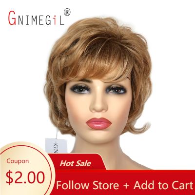 GNIMEGIL Curly Wigs for Women Short Synthetic Hair Blonde Lady Wig with Bangs Natural Looking Girl Hair Costume Party Family Wig