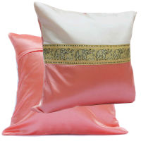 A12-Thai Silk Pillow Covers ปลอกหมอนอิง Two Tone ไหมไทยลายช้าง 16×16 นิ้ว 1 คู่ ขาว-ชมพู