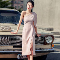 Fashion Vintage Sexy One-Shoulder Sleeveless Midi Party Club Dress Ladies Elegant Casual Diagonal Collar Bow Split Beach Dress