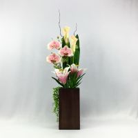 OrientalFineArt  กระถางดอกไม้ประดิษฐ์ จัดในกระถางไม้ สำหรับประดับตกแต่งบ้าน Mixed flower arrangement in wooden pot